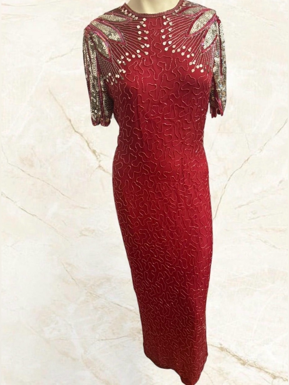 Vintage 100% Silk Beaded Gown Red Sequin Open Back Maxi Dress Old Hollywood Glam